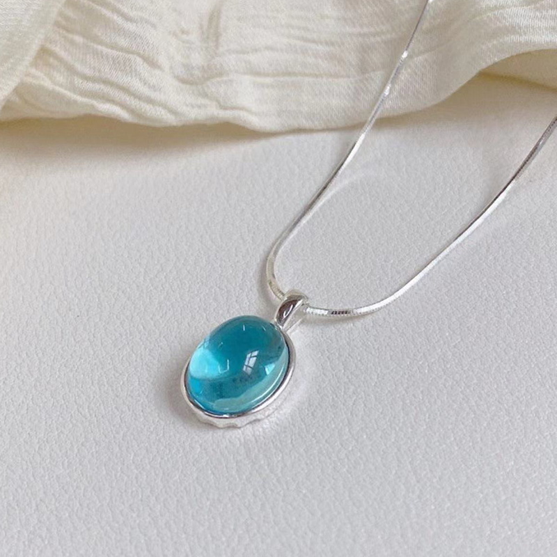 Oval Aquamarine Birthstone Necklace Snake Bone Chain