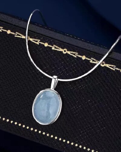 Oval Aquamarine Birthstone Necklace Snake Bone Chain 2
