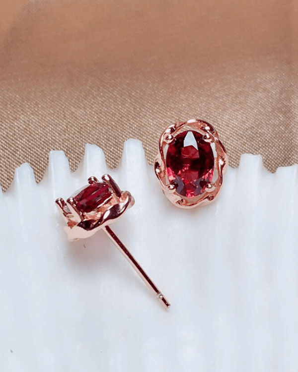 Oval Garnet Stud Flowing Year Design Birthstone Earrings 1
