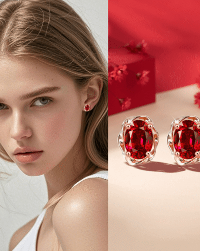 Alternative view of Oval Garnet Stud Flowing Year Design Birthstone Earrings