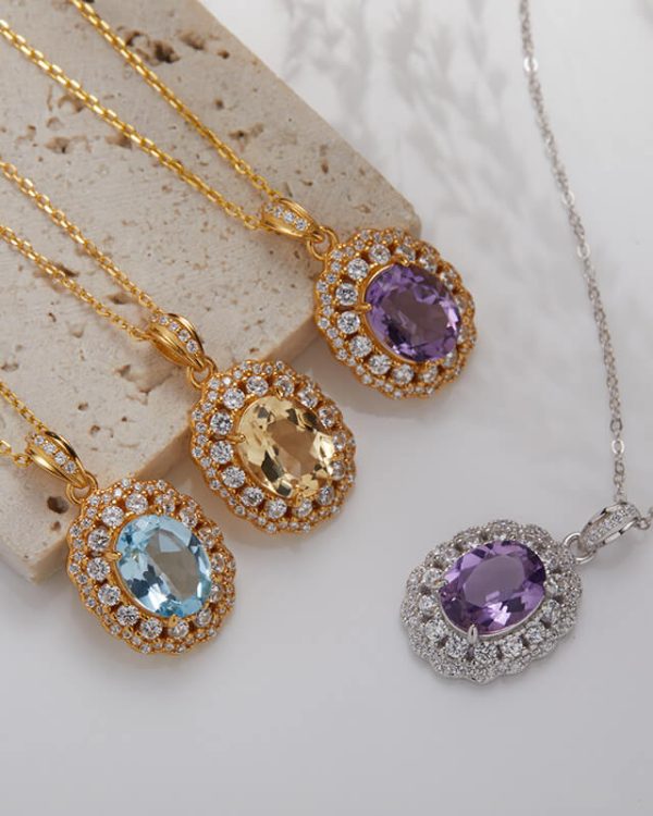 Alternative view of Natural Oval Gemstone Necklace S925 Birthstone Pendant