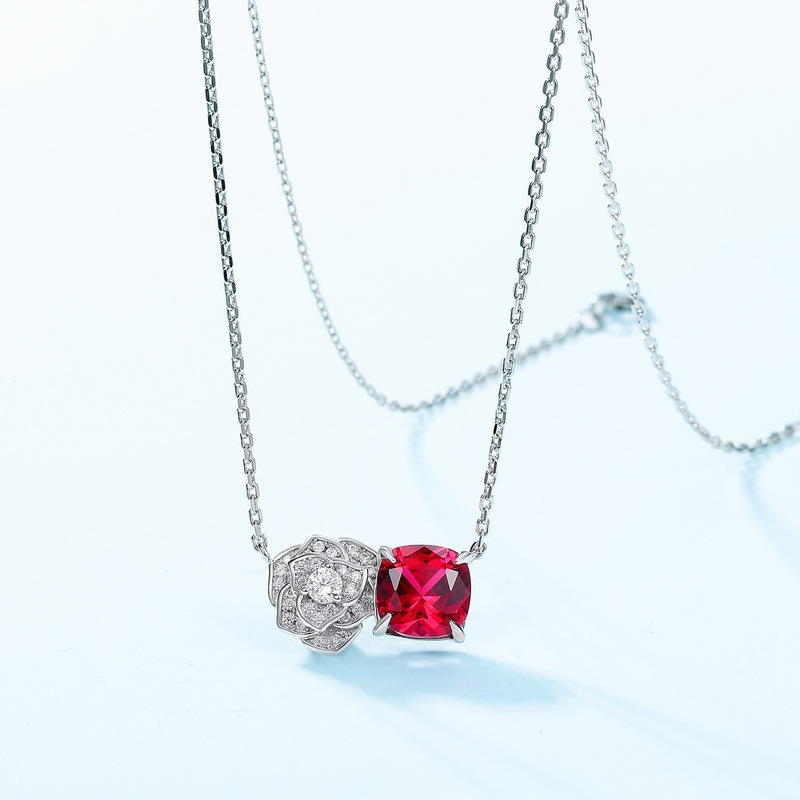 Lab Grown Ruby Rose Necklace July Birthstone Flower Series Jewelry - Image 5