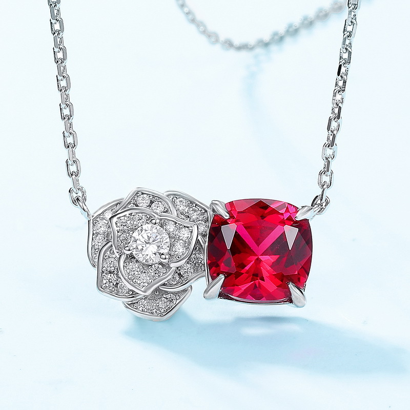 Lab Grown Ruby Rose Necklace July Birthstone Flower Series Jewelry