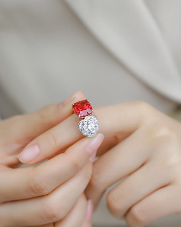 Alternative view of Lab Grown Ruby Rose Ring July Birthstone Flower Series Jewelry