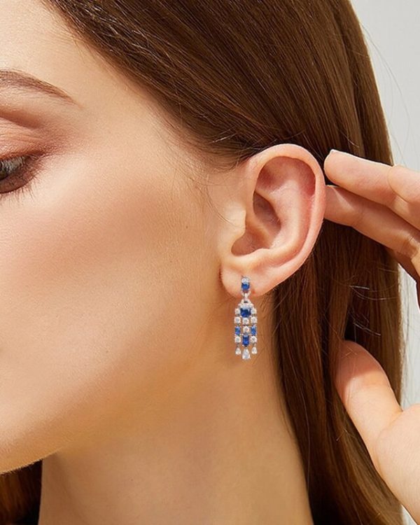 Alternative view of S925 Silver Sapphire Long  Earrings With High-carbon Diamonds