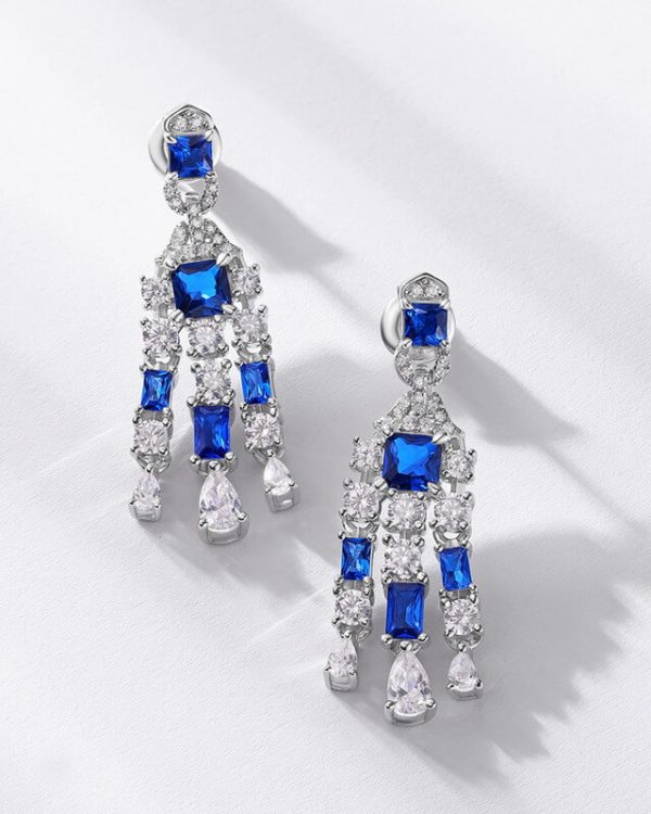S925 silver Sapphire Long Earrings With High carbon Diamonds 2
