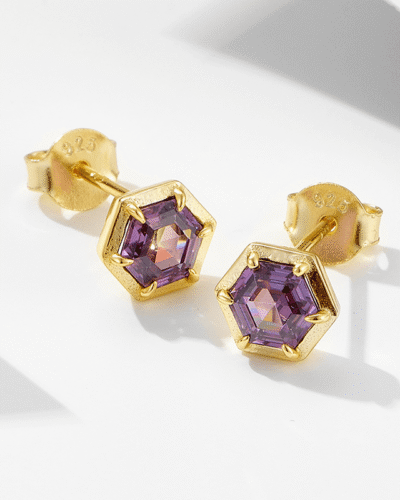 Hexagon Amethyst Stud Natural Birthstone Earring