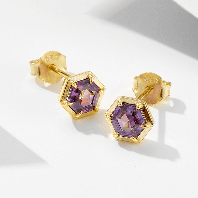 Hexagon Amethyst Stud Natural Birthstone Earring