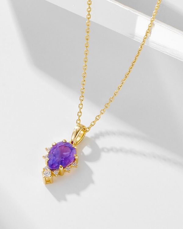 Teardrop Amethyst Birthstone Necklace for Women Sterling Silver Chain 8