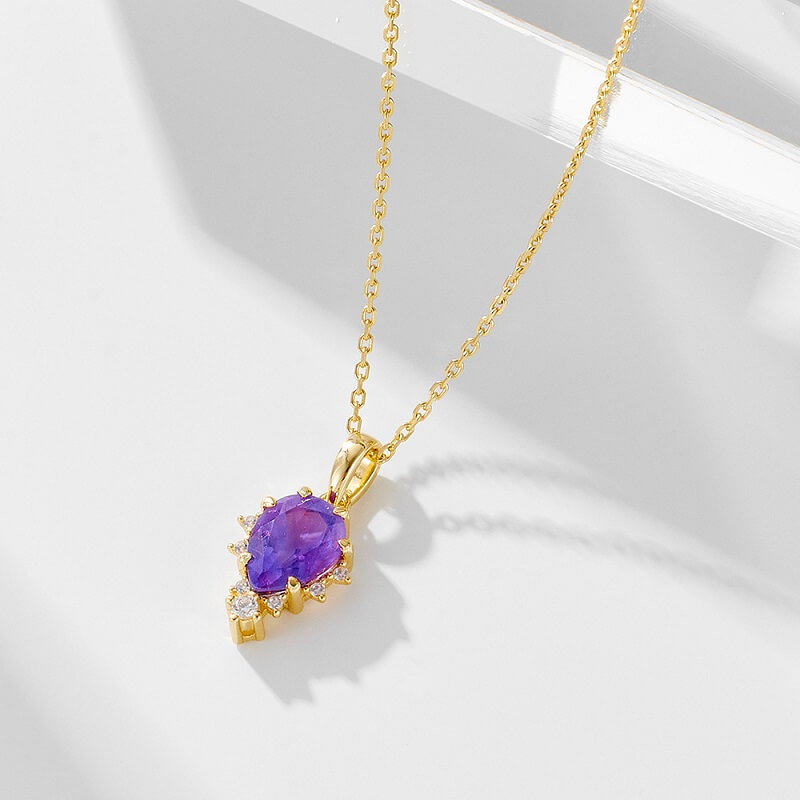 Teardrop Amethyst Birthstone Necklace for Women Sterling Silver Chain