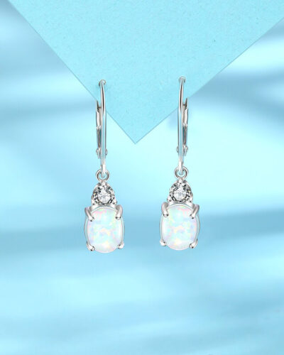 Trendy S925 Oval Cut Opal Leverback Dangle Earrings