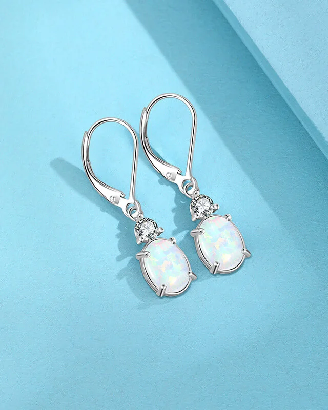 Trendy S925 Oval Cut Opal Leverback Dangle Earrings