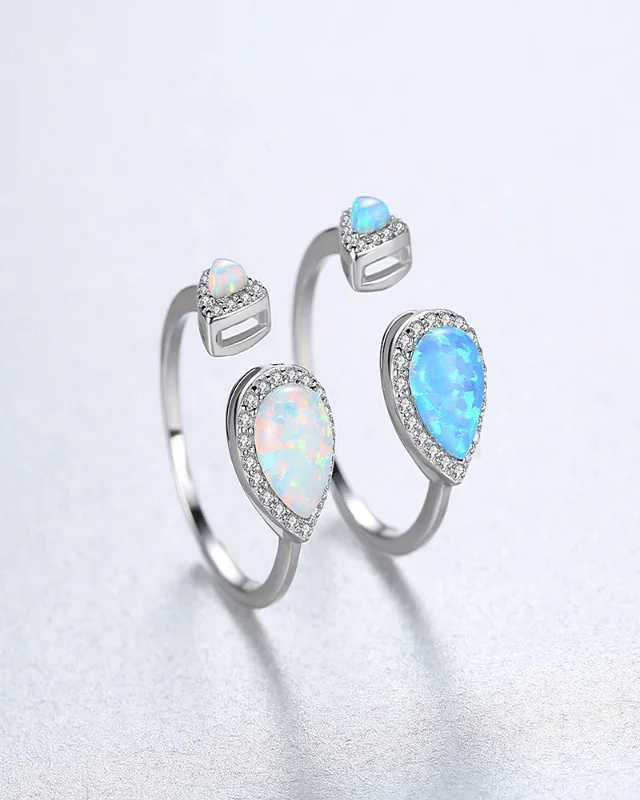 925 Sterling Silver Birthstone Open Opal Teardrop Ring