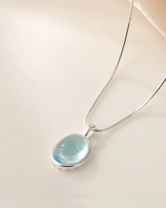 Oval Aquamarine Birthstone Necklace Snake Bone Chain