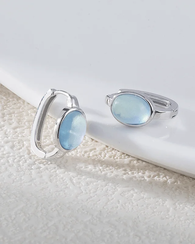 Oval Aquamarine Birthstone Earrings S925 Crystal Huggie Earrings