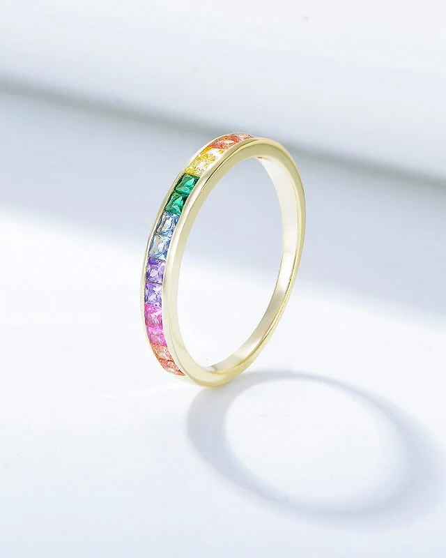 Rainbow Eternity Rings Colorful Cubic Zirconia 925 Sterling Silver