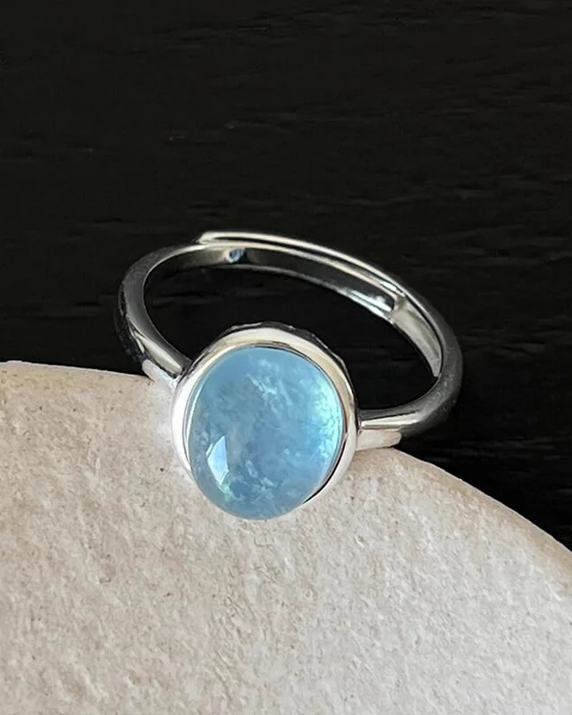 Oval Natural Crystal Aquamarine Adjustable Ring October Stone