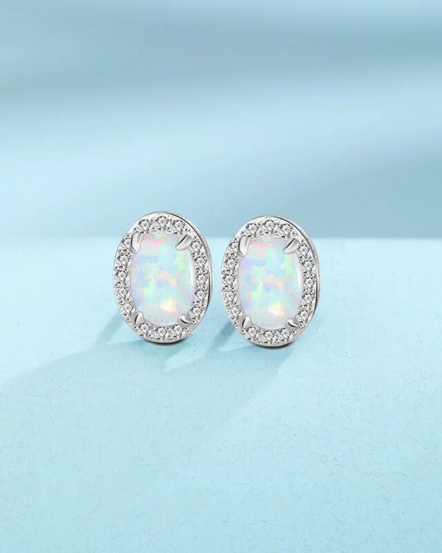 Oval Opal Halo Studs Earrings S925 October birthstone Jewelry