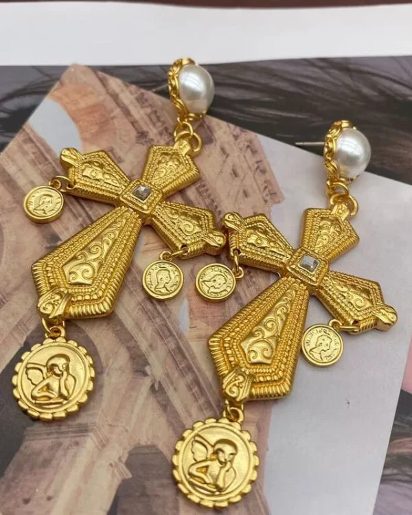 Pray Gold Plated Vintage Cross Earrings