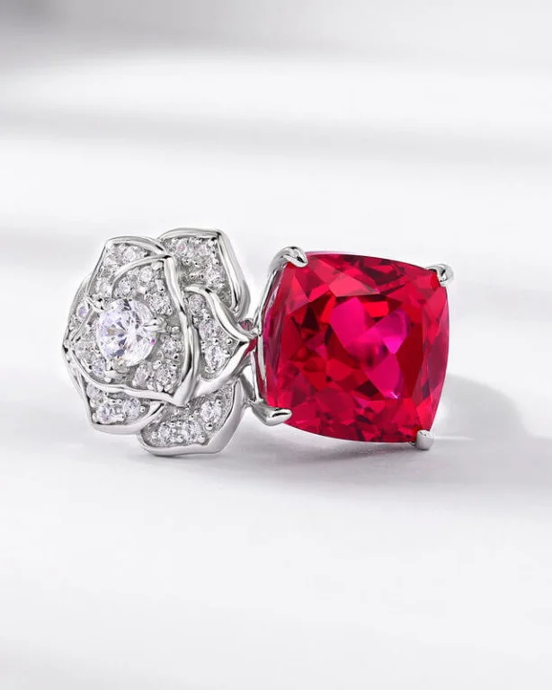 Lab Grown Ruby Rose Ring July Birthstone Flower Series Jewelry