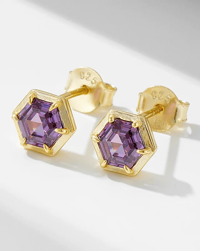 Hexagon Amethyst Stud Natural Birthstone Earring