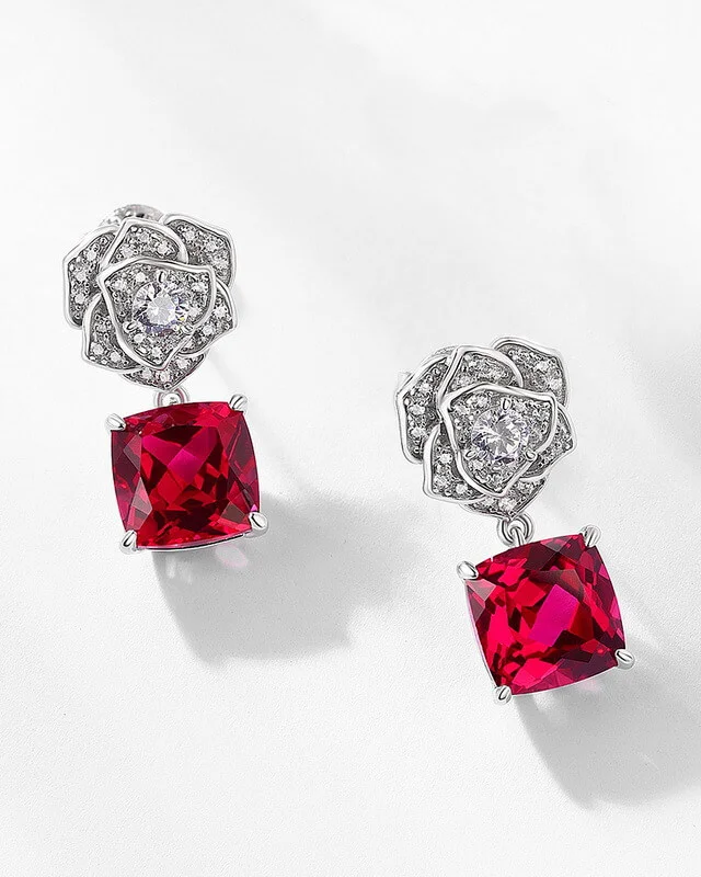 Lab Grown Ruby Rose Earring July Birthstone Flower Series Jewelry