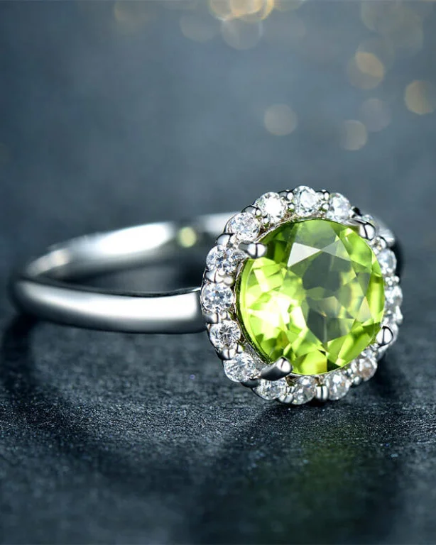 S925 Round Peridot Gemstone Ring Birthstone Jewelry