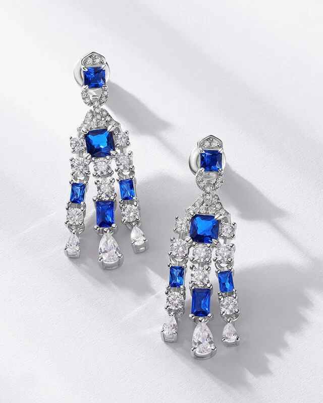 S925 Silver Sapphire Long  Earrings With High-carbon Diamonds