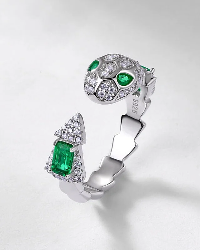 S925 Sterling Silver Snake Ring With Emerald