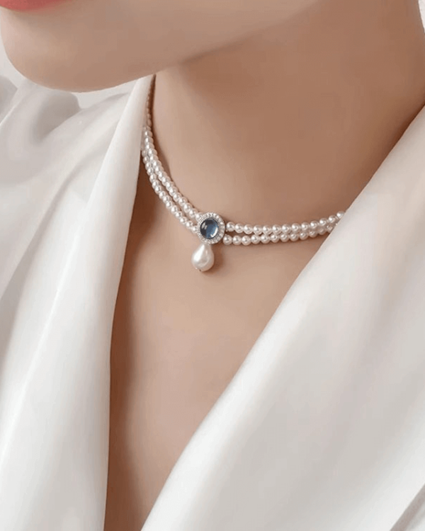 Alternative view of Aquamarine Crystal Pendant Double-layer Pearl Necklace for Women