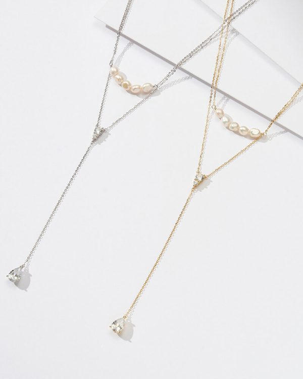 14K Gold Y Necklace S925 CZ  Drop Pearl Necklace For Daily - Image 4