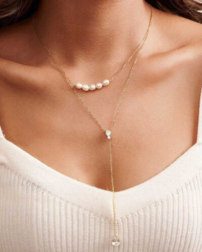 Alternative view of 14K Gold Y Necklace S925 CZ Diamond​ Drop Pearl Necklace For Daily