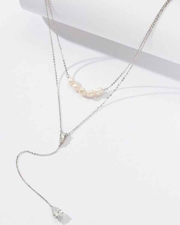 14K Gold Y Necklace S925 CZ Diamond​ Drop Pearl Necklace For Daily