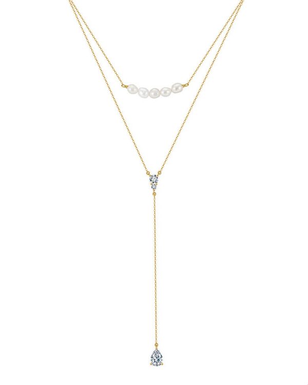 14K Gold Y Necklace S925 CZ  Drop Pearl Necklace For Daily - Image 8