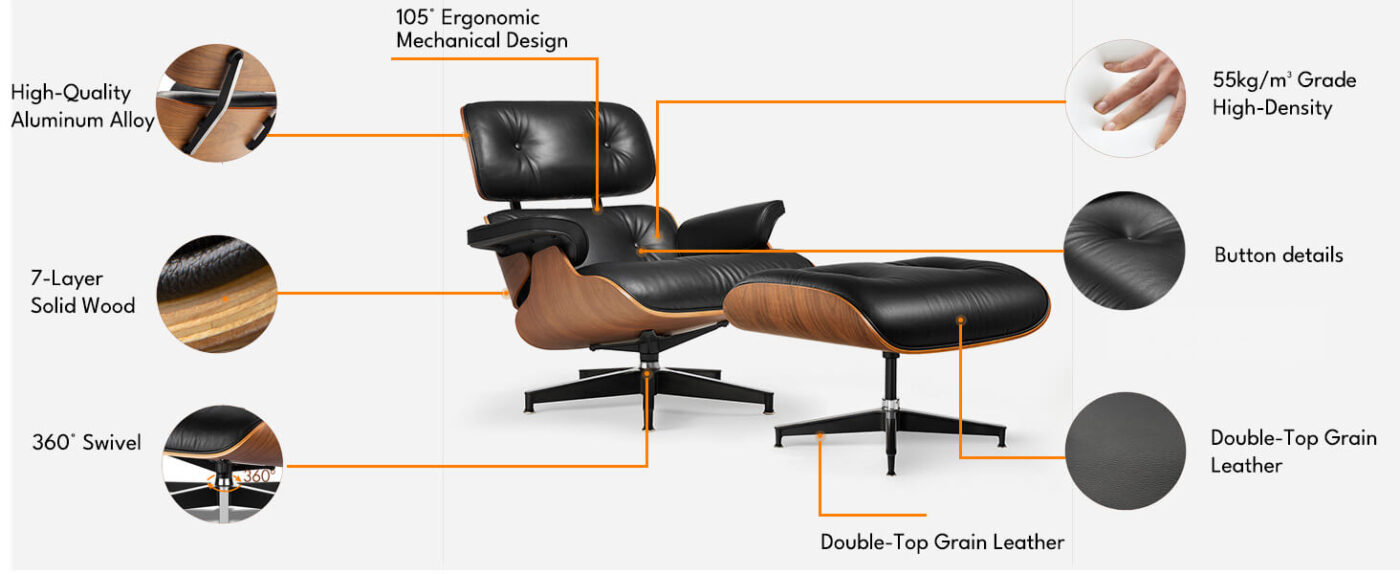 Top Leather Mid Century Chaise Lounge Chair with Ottoman 1