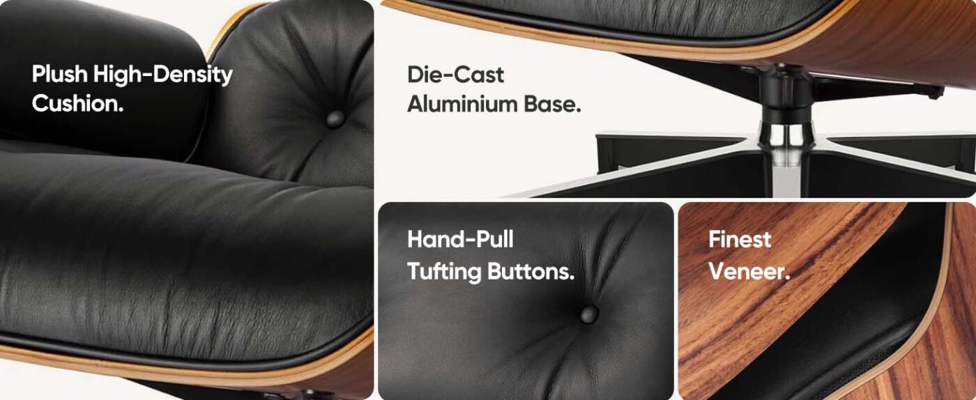 Top Leather Mid Century Chaise Lounge Chair with Ottoman 11