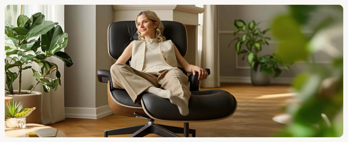 Top Leather Mid Century Chaise Lounge Chair with Ottoman 14