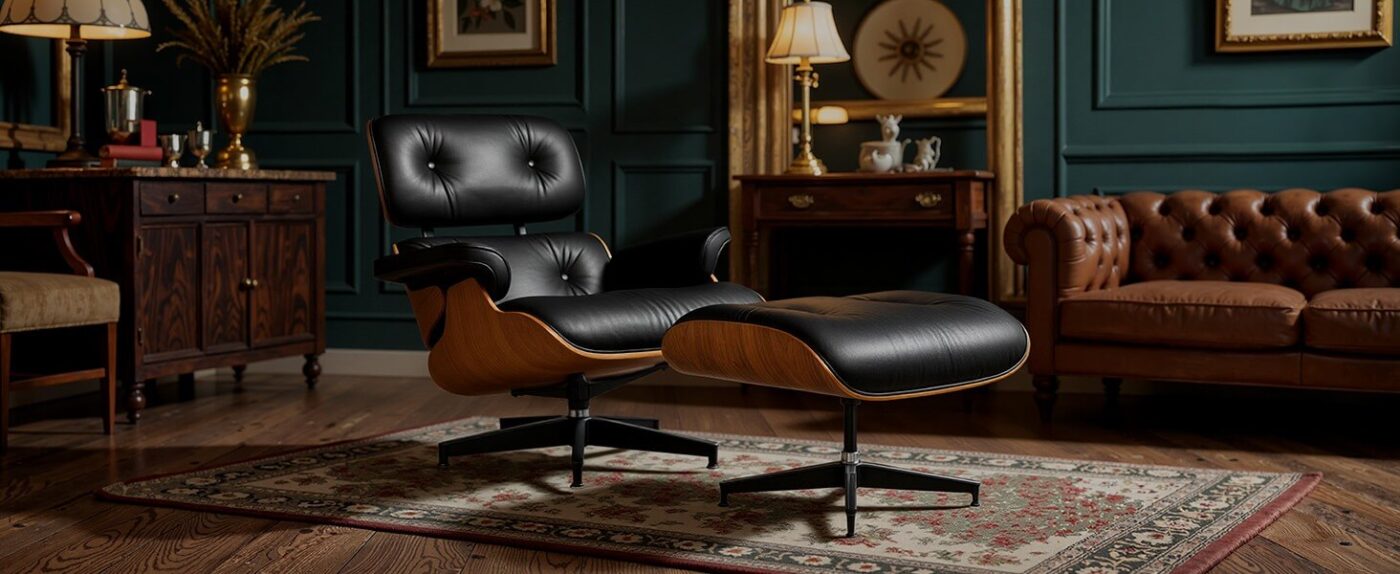 Top Leather Mid Century Chaise Lounge Chair with Ottoman 16