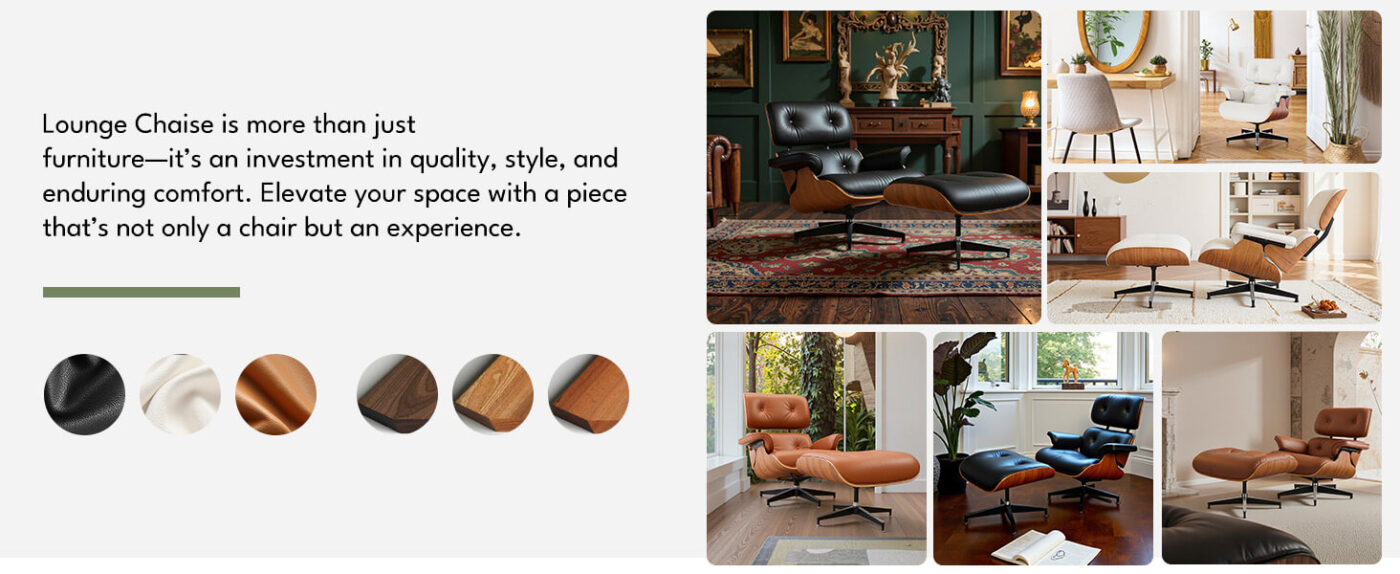 Top Leather Mid Century Chaise Lounge Chair with Ottoman 19