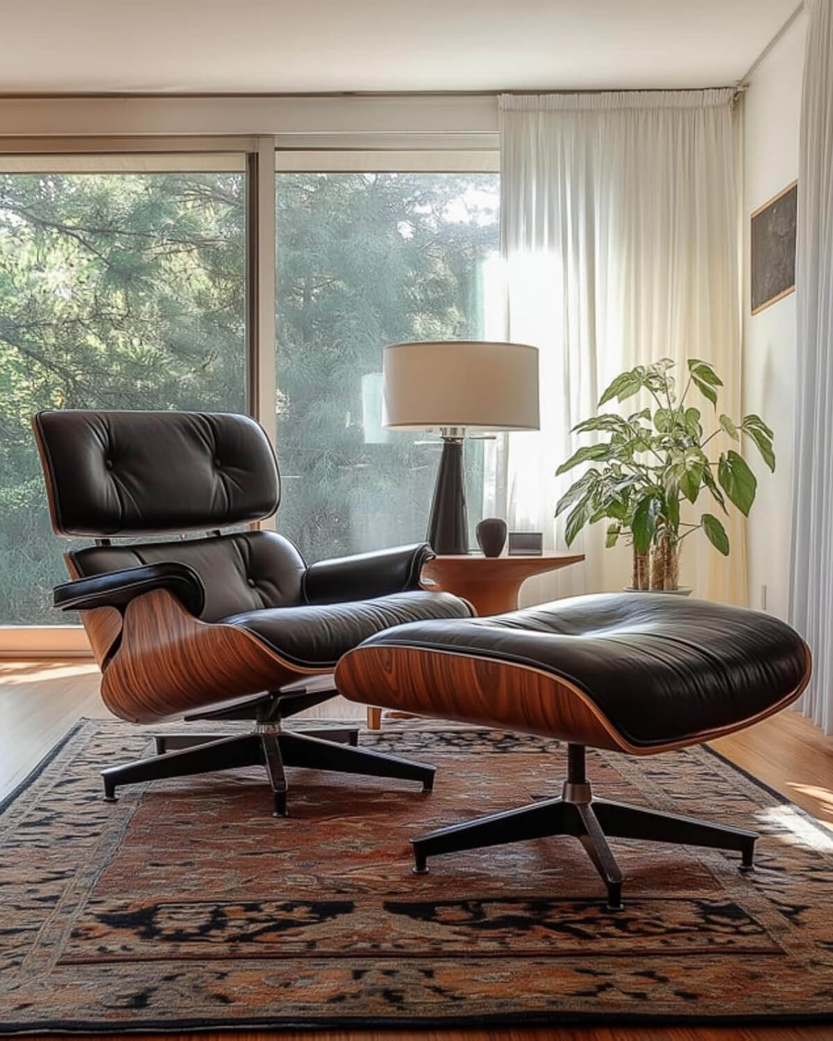 Leather Mid Century Chaise Lounge Chair with Ottoman