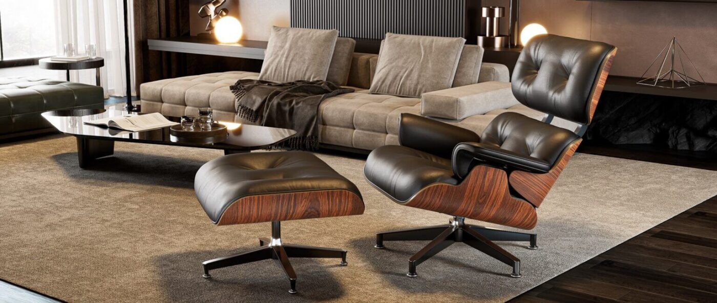 Top Leather Mid Century Chaise Lounge Chair with Ottoman 20