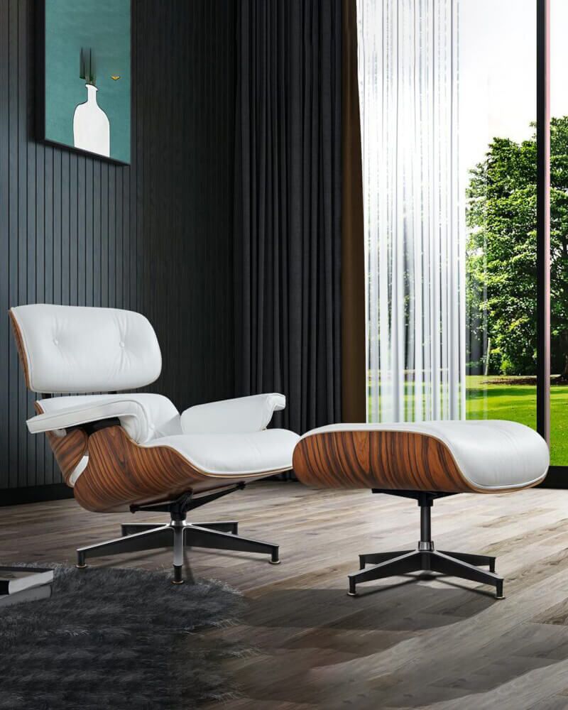 Leather Mid Century Chaise Lounge Chair with Ottoman - Image 3