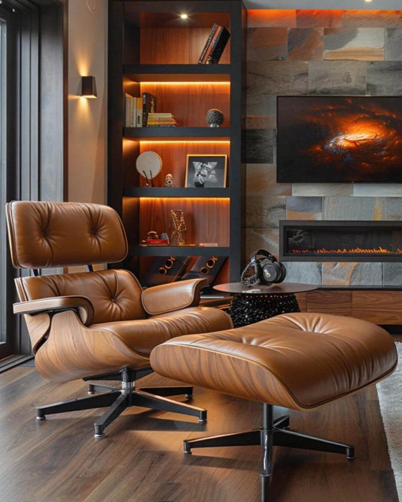 Top Leather Mid Century Chaise Lounge Chair with Ottoman 26