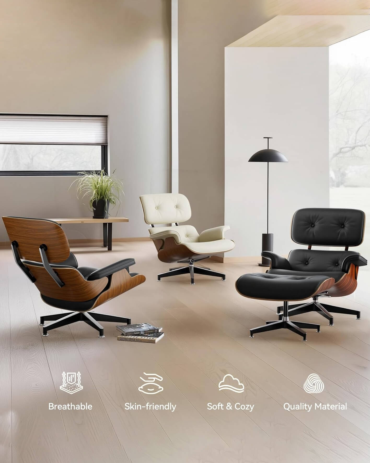 Leather Mid Century Chaise Lounge Chair with Ottoman - Image 4