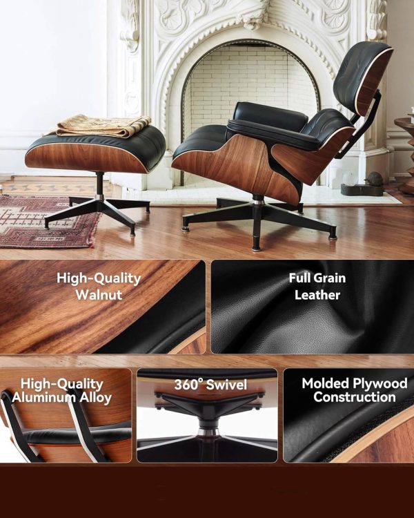 Top Leather Mid Century Chaise Lounge Chair with Ottoman 3