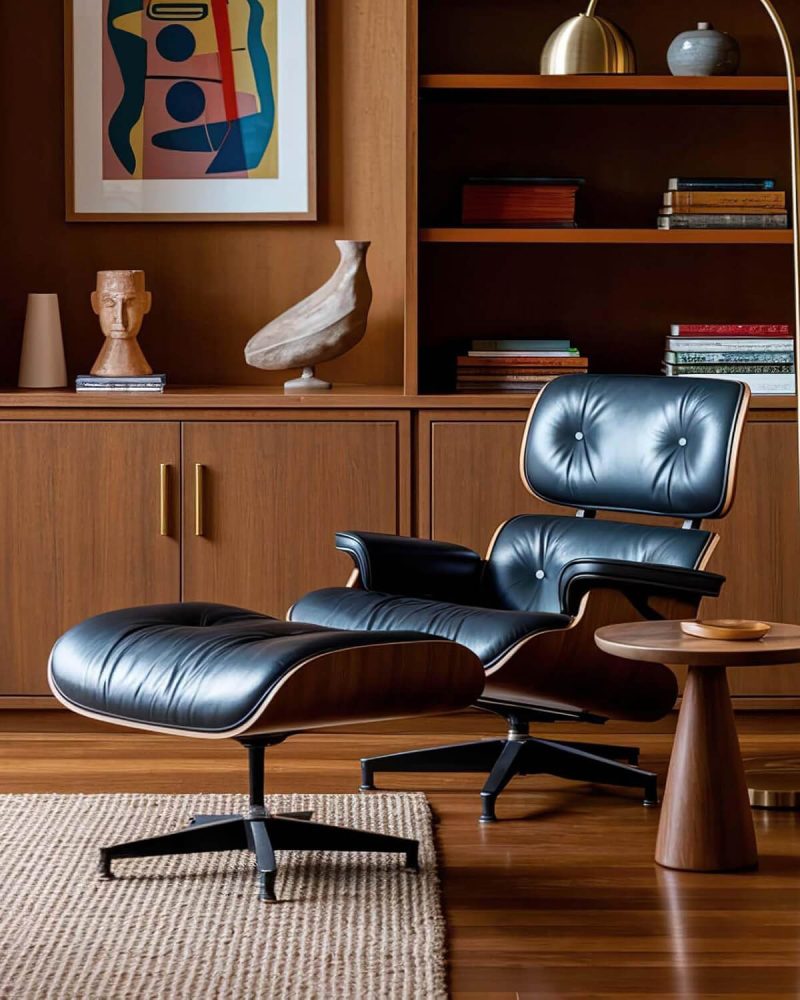 Top Leather Mid Century Chaise Lounge Chair with Ottoman 6