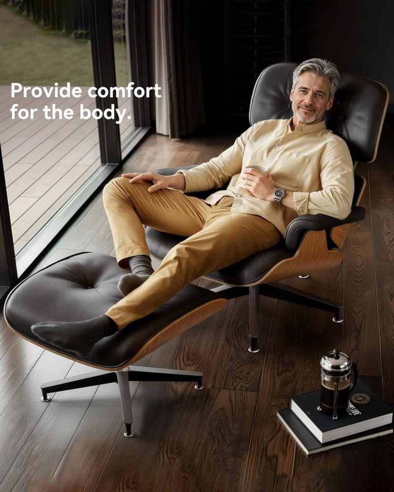 Top Leather Mid Century Chaise Lounge Chair with Ottoman 7