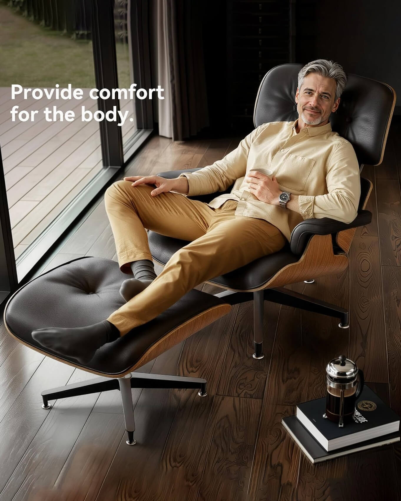 Leather Mid Century Chaise Lounge Chair with Ottoman - Image 5