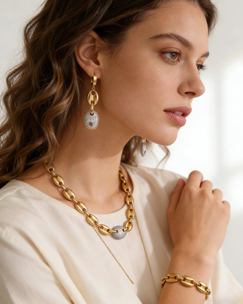 Alternative view of 18k Gold Coffee Beans Chain Choker Bracelet Set