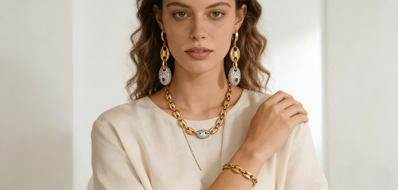 18k Gold Coffee Beans Chain Choker Bracelet Set 1